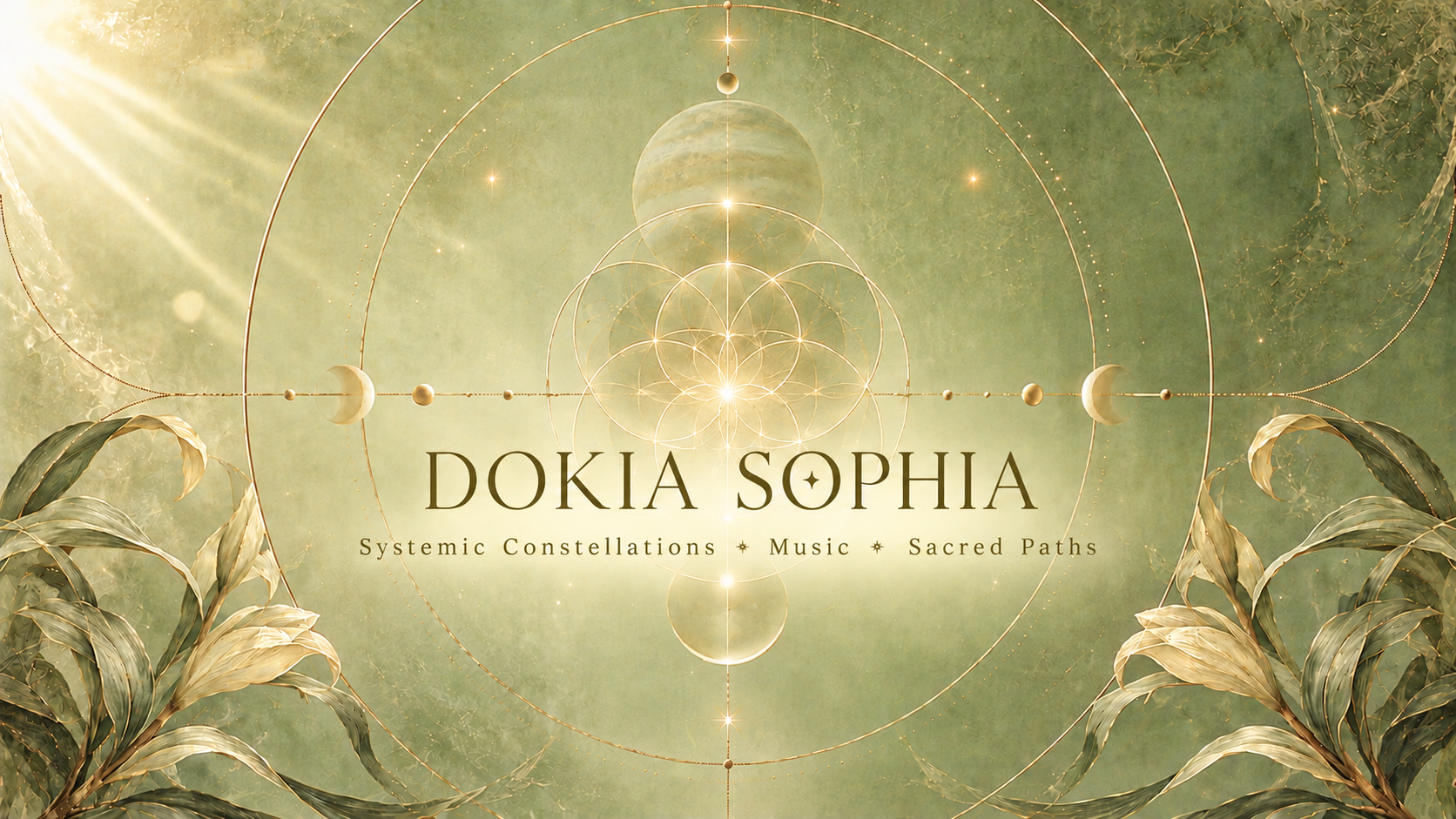 Dokia Sophia — Systemic Constellations, Music, Sacred Texts; luminous sage and gold sacred geometry